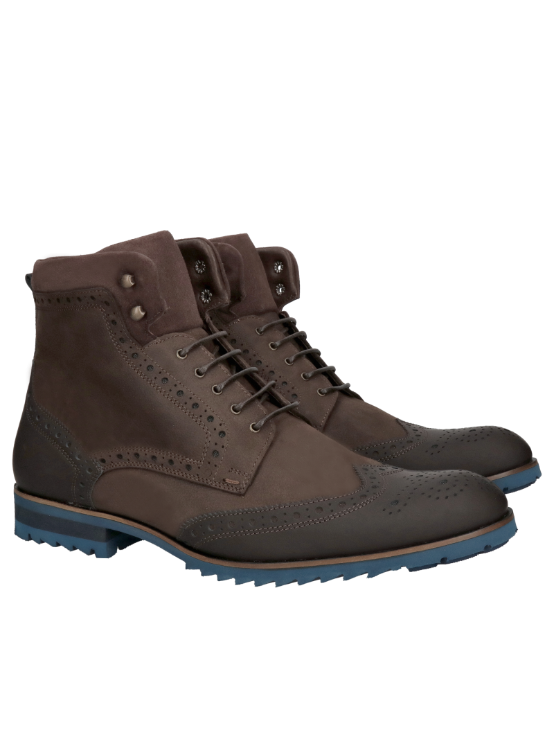 Men's brown boots made of dark nubuck, lace-up high-top men's winter boots