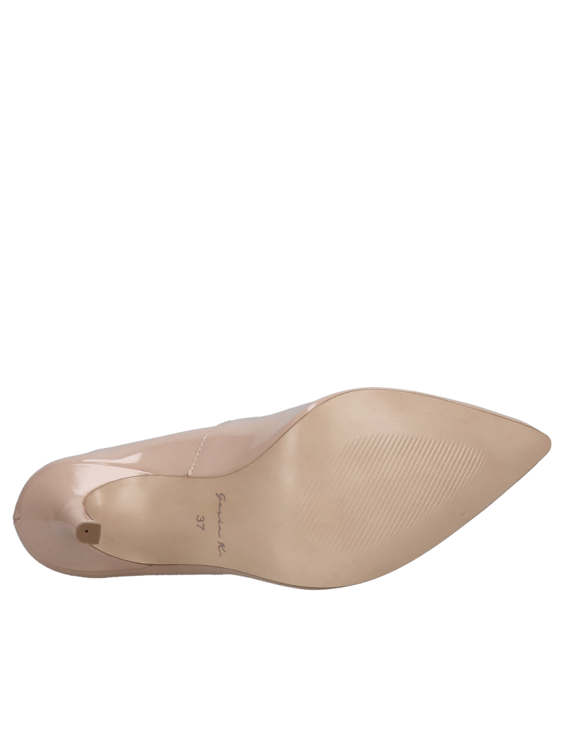 Comfortable nude high heels for women, perfect for dresses; beige patent leather high heels