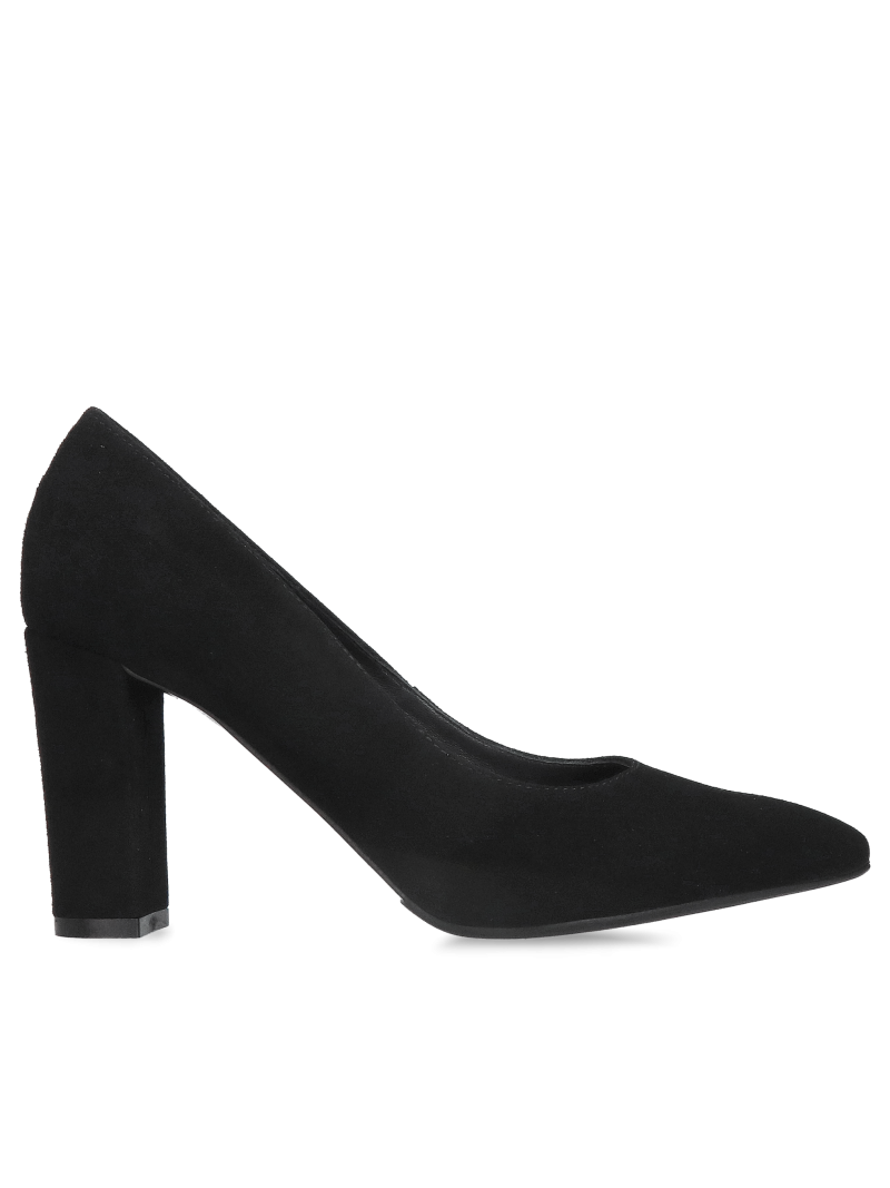 Elegant black suede pumps with a comfortable high block heel