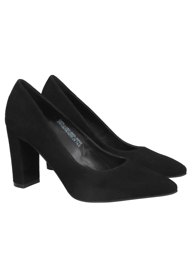 Elegant black suede pumps with a comfortable high block heel