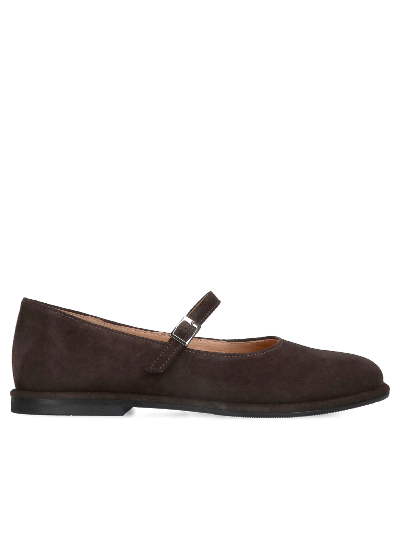 Chocolate-colored suede ballet flats with a strap—lightweight and comfortable Mary Janes