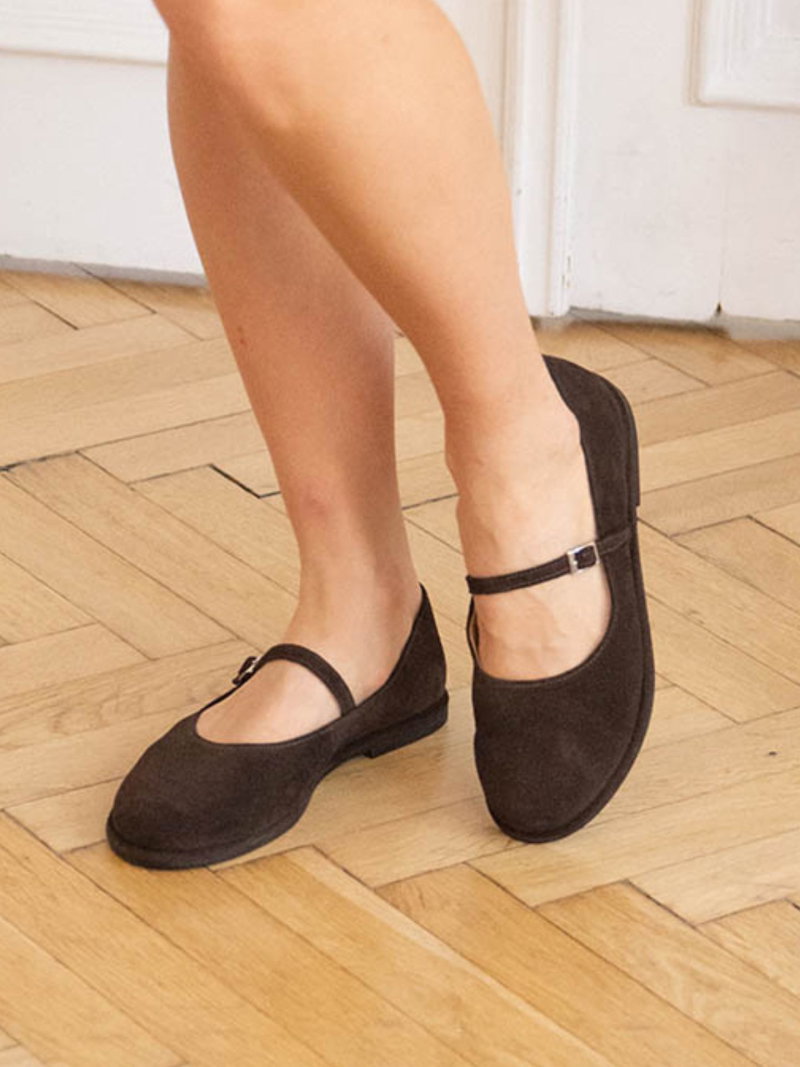 Chocolate-colored suede ballet flats with a strap—lightweight and comfortable Mary Janes