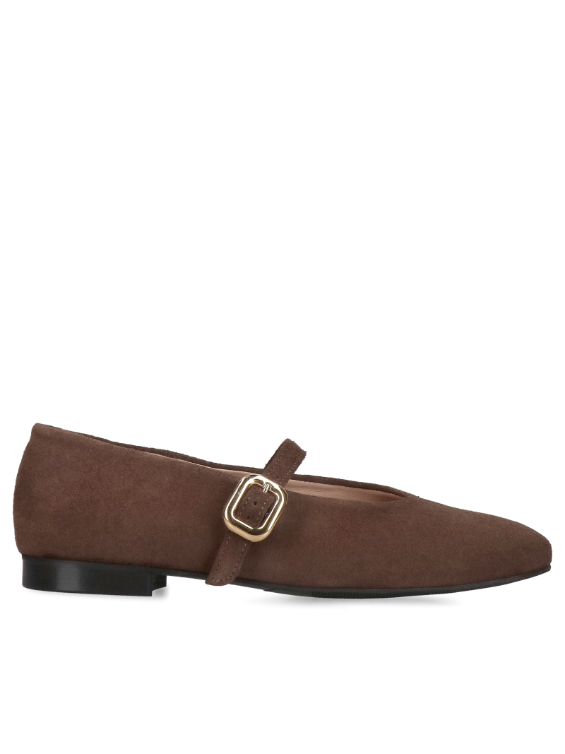 Brown suede ballet flats with a strap and decorative buckle—stylish and minimalist ballet flats