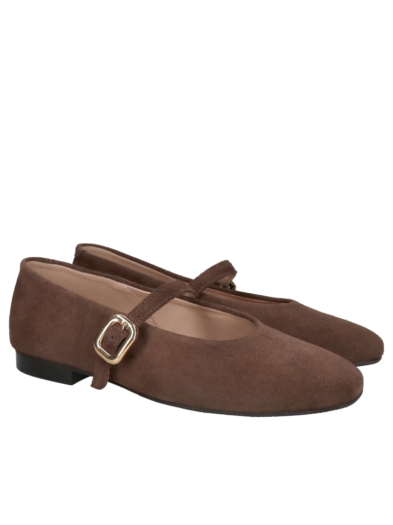 Brown suede ballet flats with a strap and decorative buckle—stylish and minimalist ballet flats