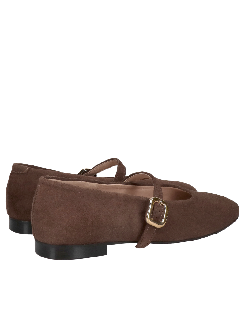 Brown suede ballet flats with a strap and decorative buckle—stylish and minimalist ballet flats