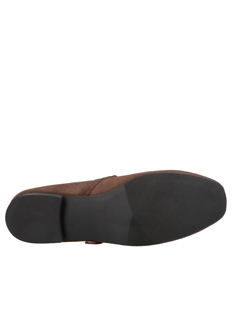 Brown suede ballet flats with a strap and decorative buckle—stylish and minimalist ballet flats