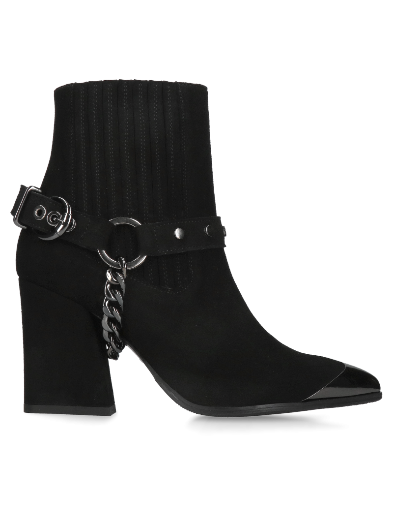 Black suede women's pointed-toe ankle boots with elastic bands on the upper, a chain, and a metal detail on the toes.
