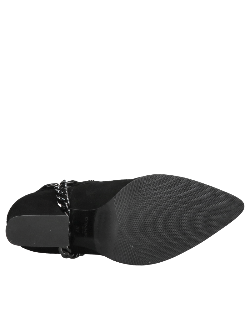 Black suede women's pointed-toe ankle boots with elastic bands on the upper, a chain, and a metal detail on the toes.