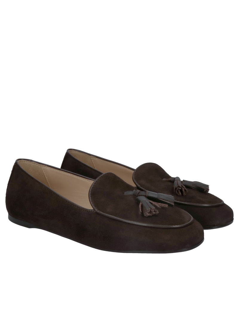 Elegant chocolate-coloured ballet flats made from natural suede; classic, minimalist leather ballet flats