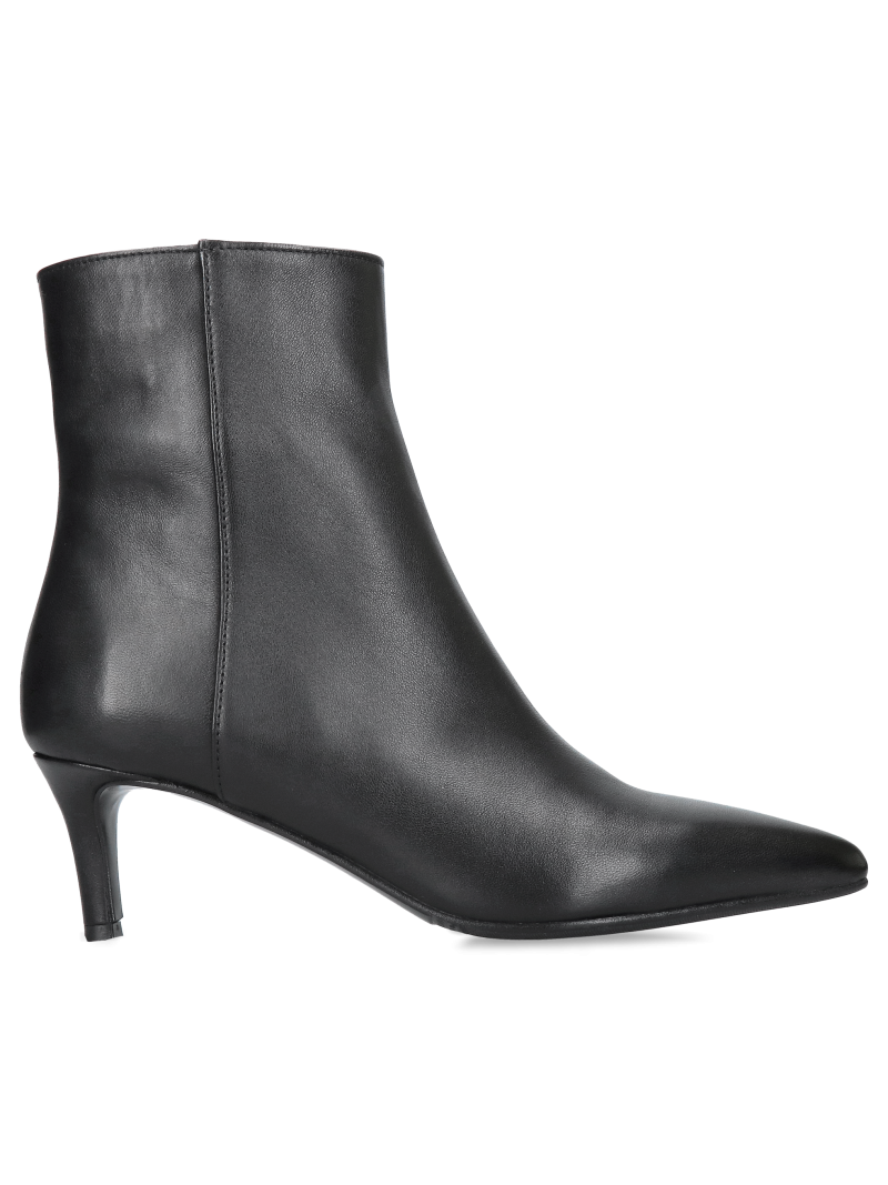 Fashionable women's low-heeled ankle boots, black, full-grain leather, unlined, pointed-toe