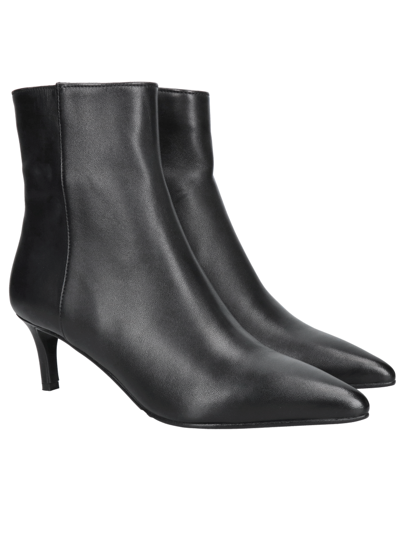 Fashionable women's low-heeled ankle boots, black, full-grain leather, unlined, pointed-toe