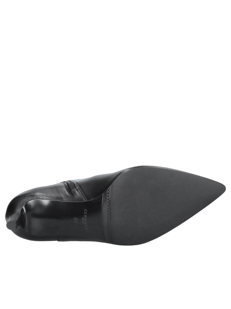 Fashionable women's low-heeled ankle boots, black, full-grain leather, unlined, pointed-toe
