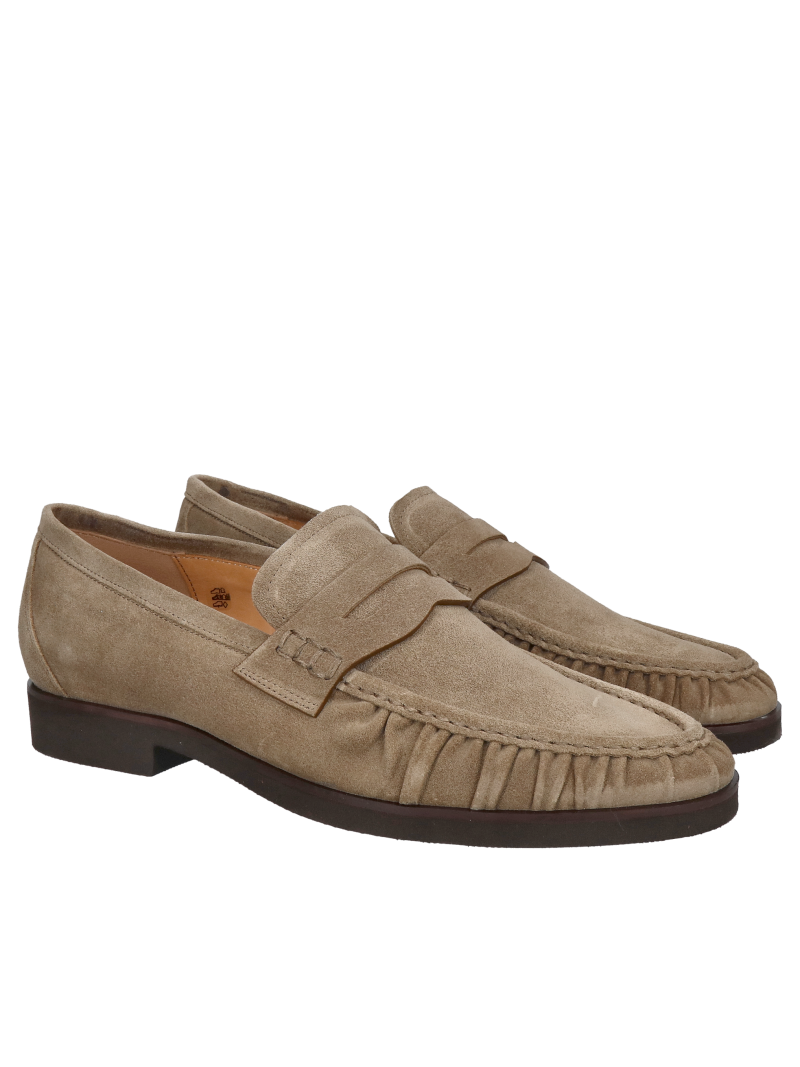 Men’s beige suede loafers with ruffles, slip-on, lightweight and very soft