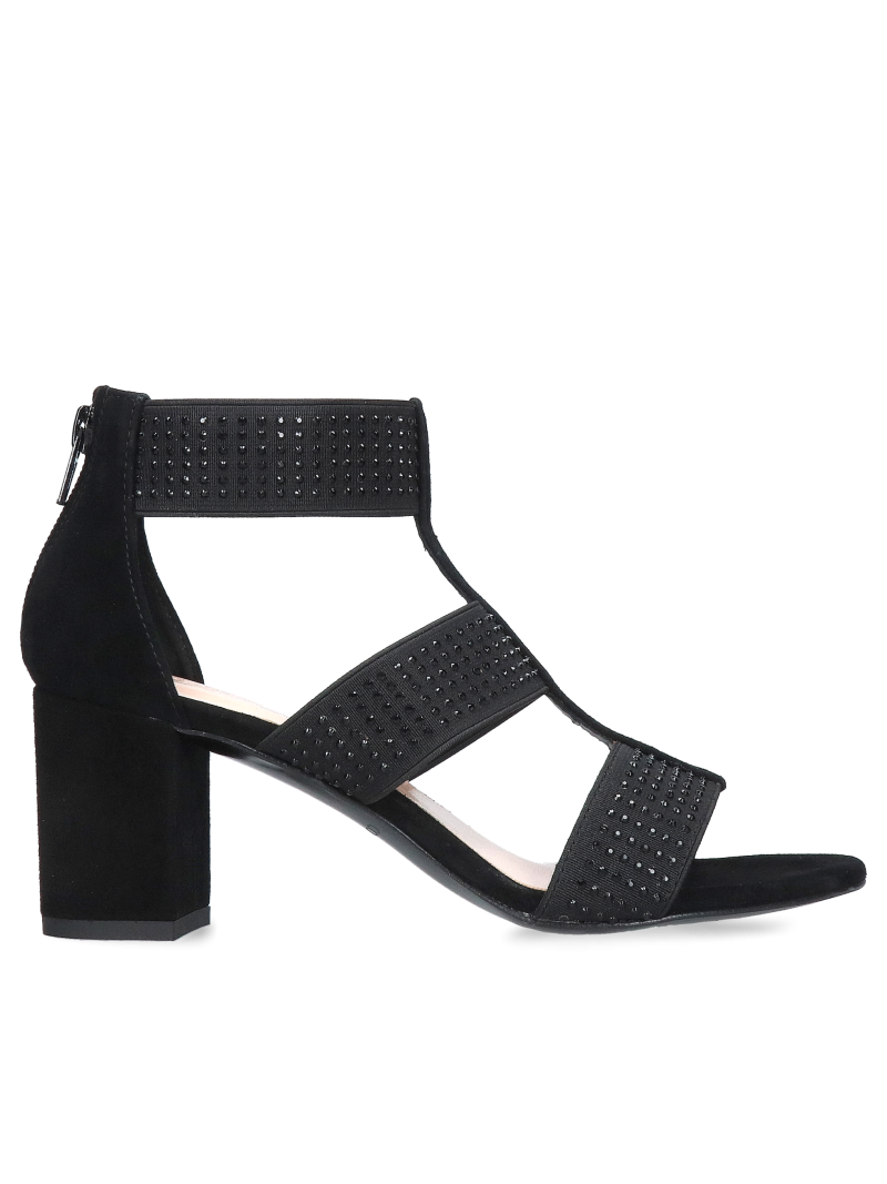 Elegant black heeled sandals with elasticated straps; suede sandals embellished with elegant rhinestones