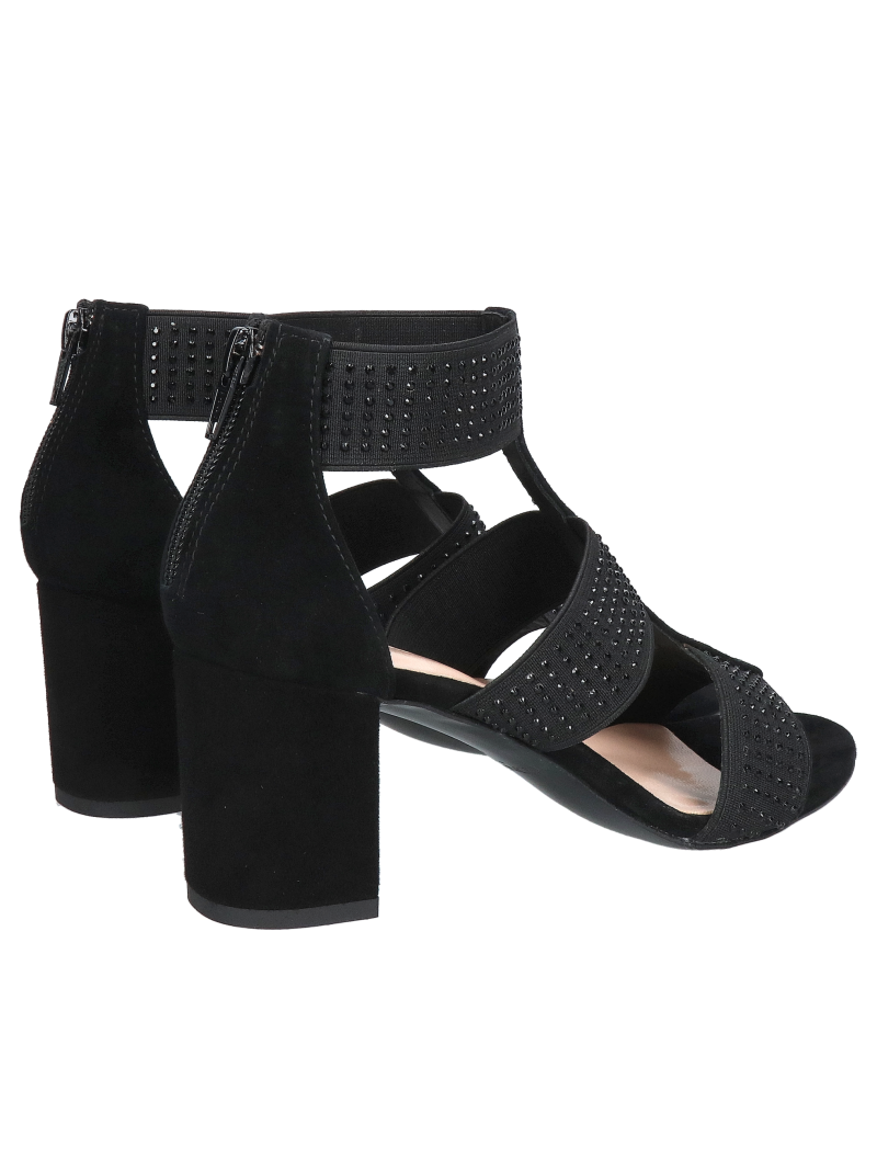 Elegant black heeled sandals with elasticated straps; suede sandals embellished with elegant rhinestones