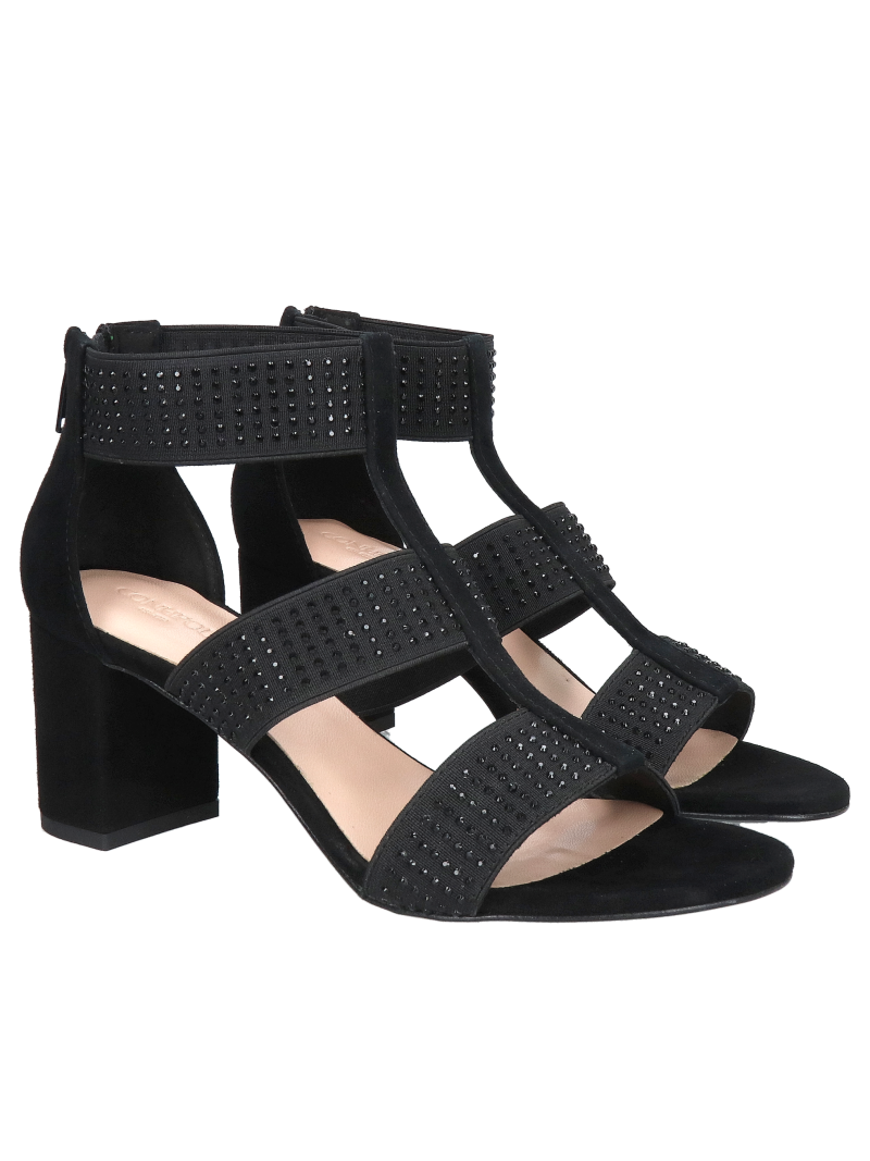 Elegant black heeled sandals with elasticated straps; suede sandals embellished with elegant rhinestones