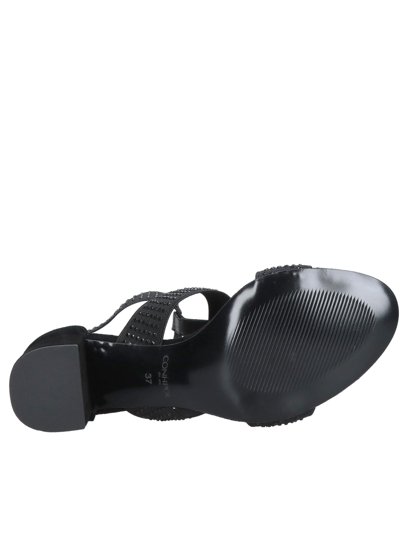 Elegant black heeled sandals with elasticated straps; suede sandals embellished with elegant rhinestones