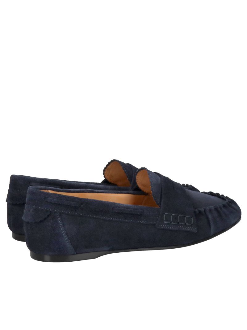 Women’s navy blue moccasins with a thin, flexible sole; fashionable crinkled women’s moccasins