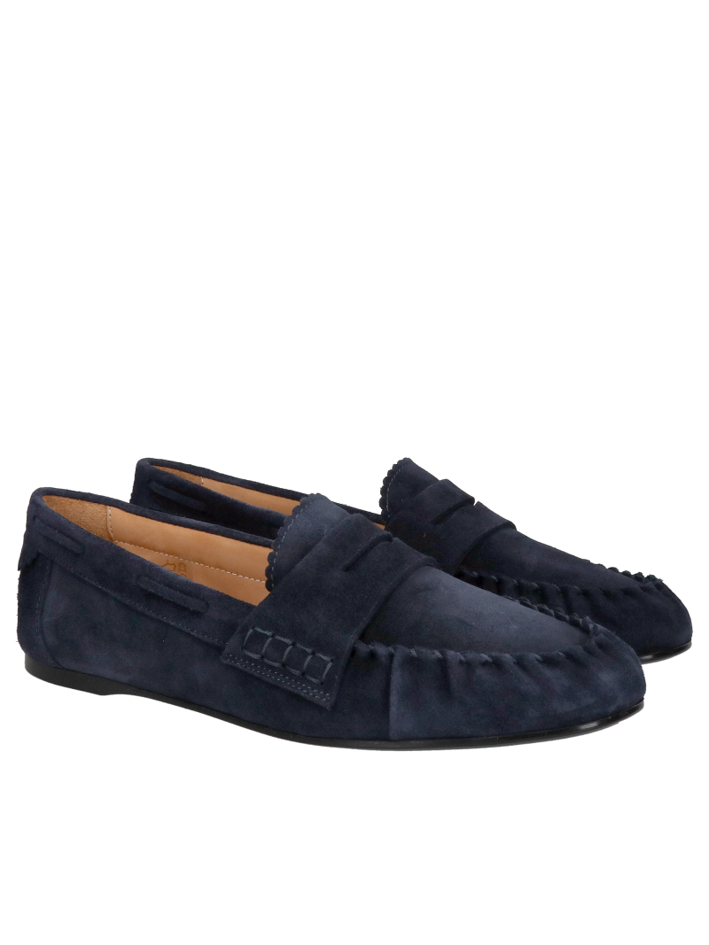 Women’s navy blue moccasins with a thin, flexible sole; fashionable crinkled women’s moccasins