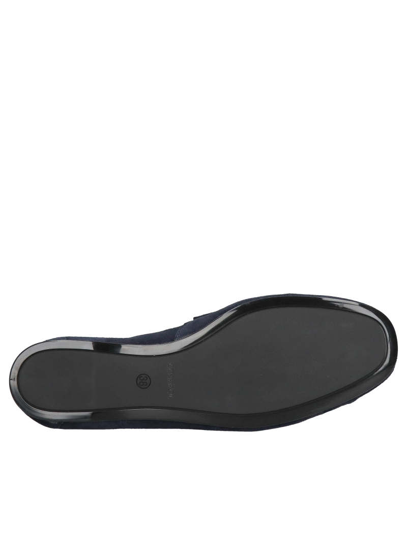 Women’s navy blue moccasins with a thin, flexible sole; fashionable crinkled women’s moccasins