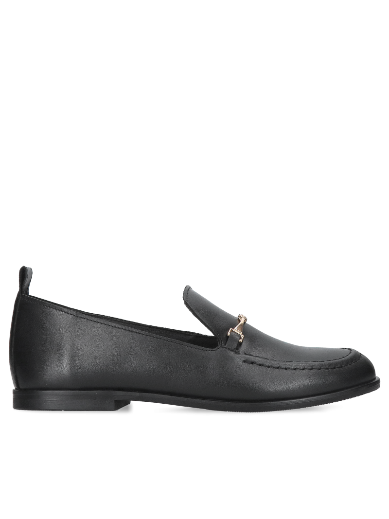 Women's full-grain leather moccasins in black, with minimalist gold detailing – made in Poland