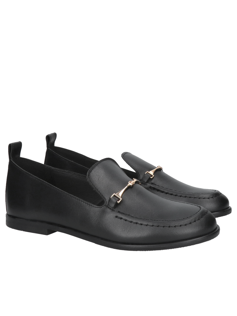 Women's full-grain leather moccasins in black, with minimalist gold detailing – made in Poland