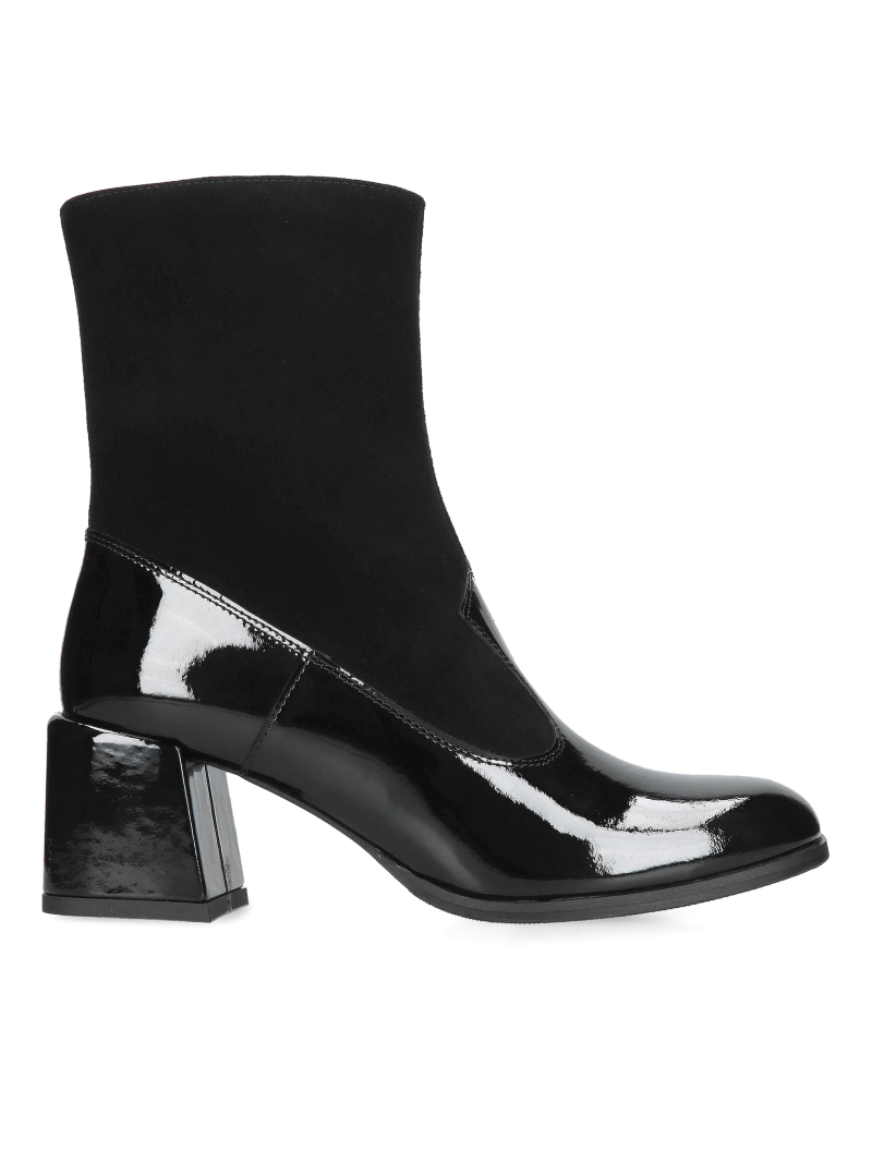 Elegant women's leather ankle boots with a comfortable block heel; patent leather boots with a square toe