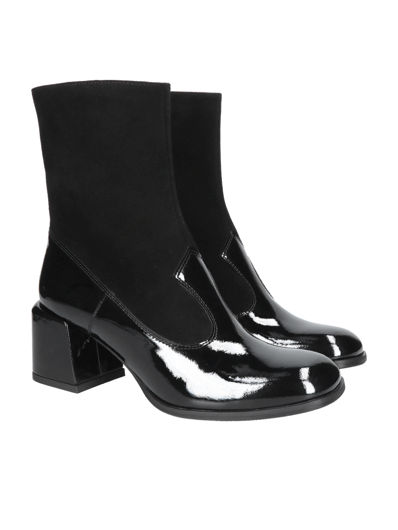 Elegant women's leather ankle boots with a comfortable block heel; patent leather boots with a square toe