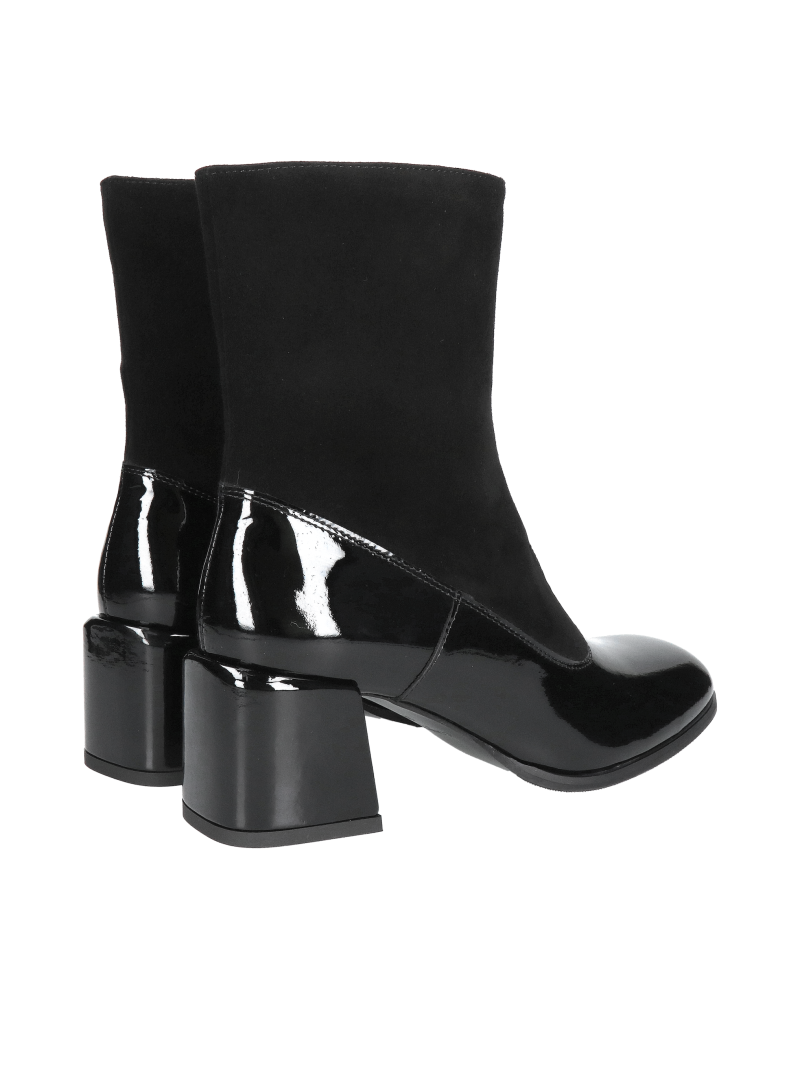 Elegant women's leather ankle boots with a comfortable block heel; patent leather boots with a square toe