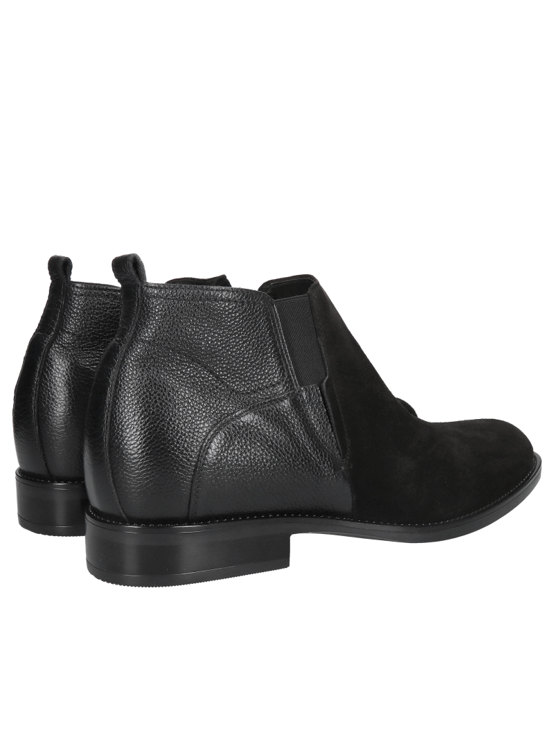 Unlined, heeled ankle boots without a zipper; black heeled ankle boots