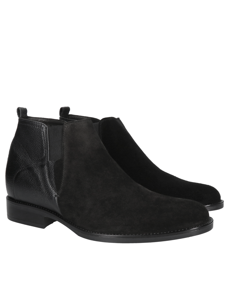Unlined, heeled ankle boots without a zipper; black heeled ankle boots