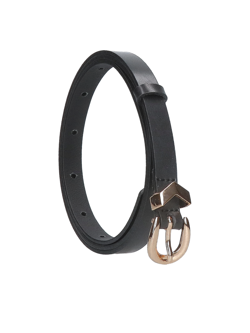 A thin black women's belt made of full-grain leather—elegant and classic