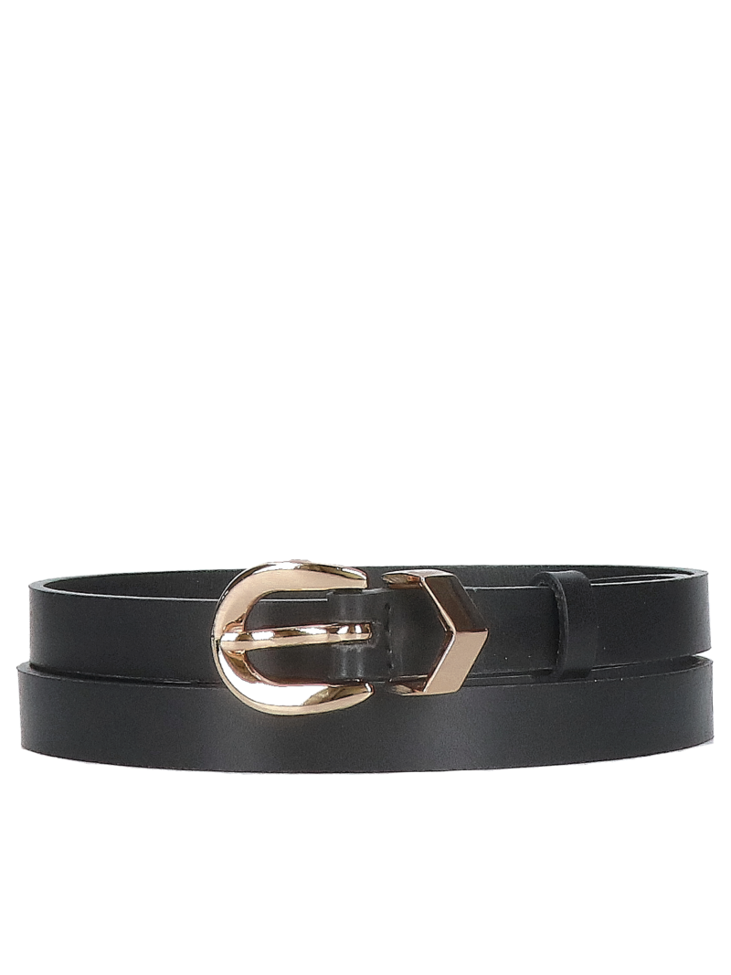 A thin black women's belt made of full-grain leather—elegant and classic