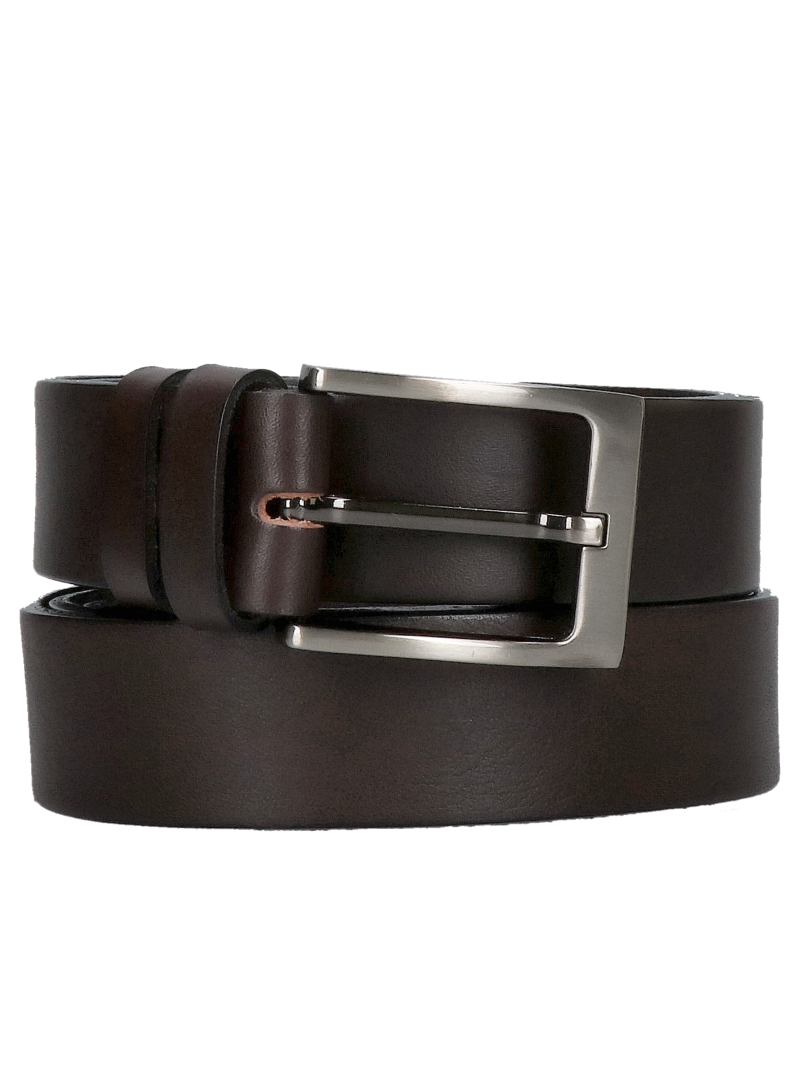 Men's dark brown leather belt, an elegant belt with a classic dark nickel buckle