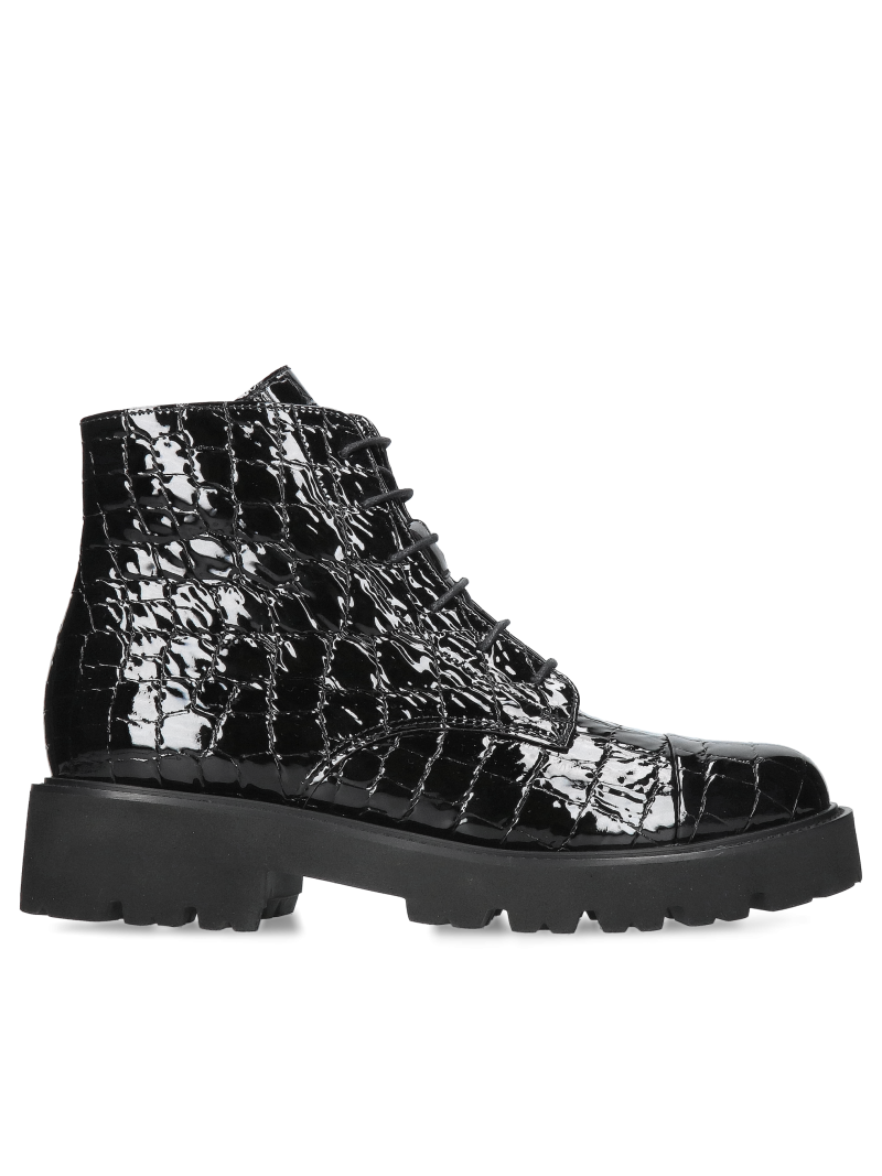 Black patent leather ankle boots with a lightweight, thick sole from a Polish manufacturer