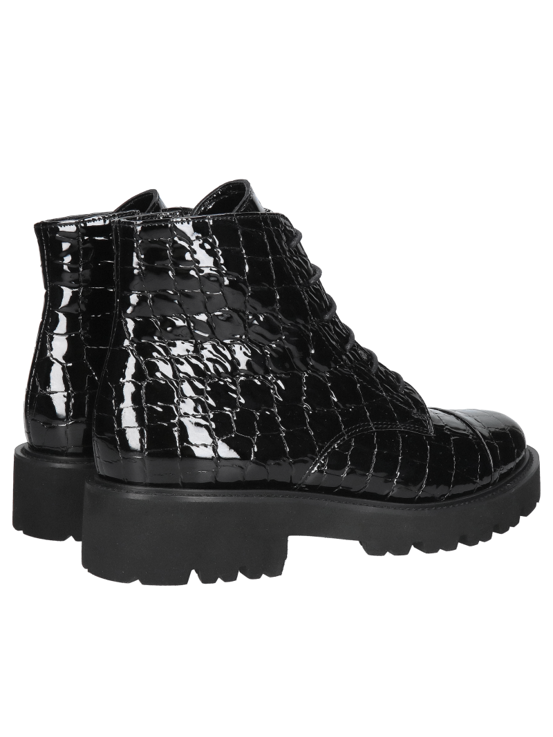Black patent leather ankle boots with a lightweight, thick sole from a Polish manufacturer