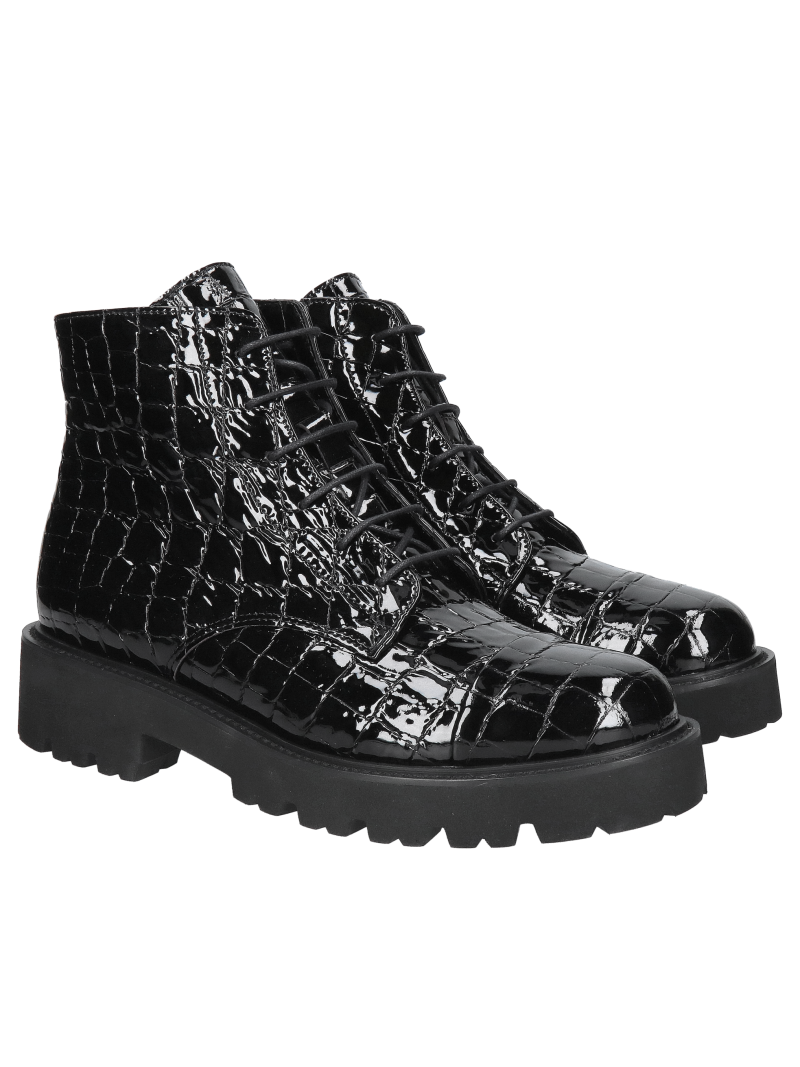 Black patent leather ankle boots with a lightweight, thick sole from a Polish manufacturer