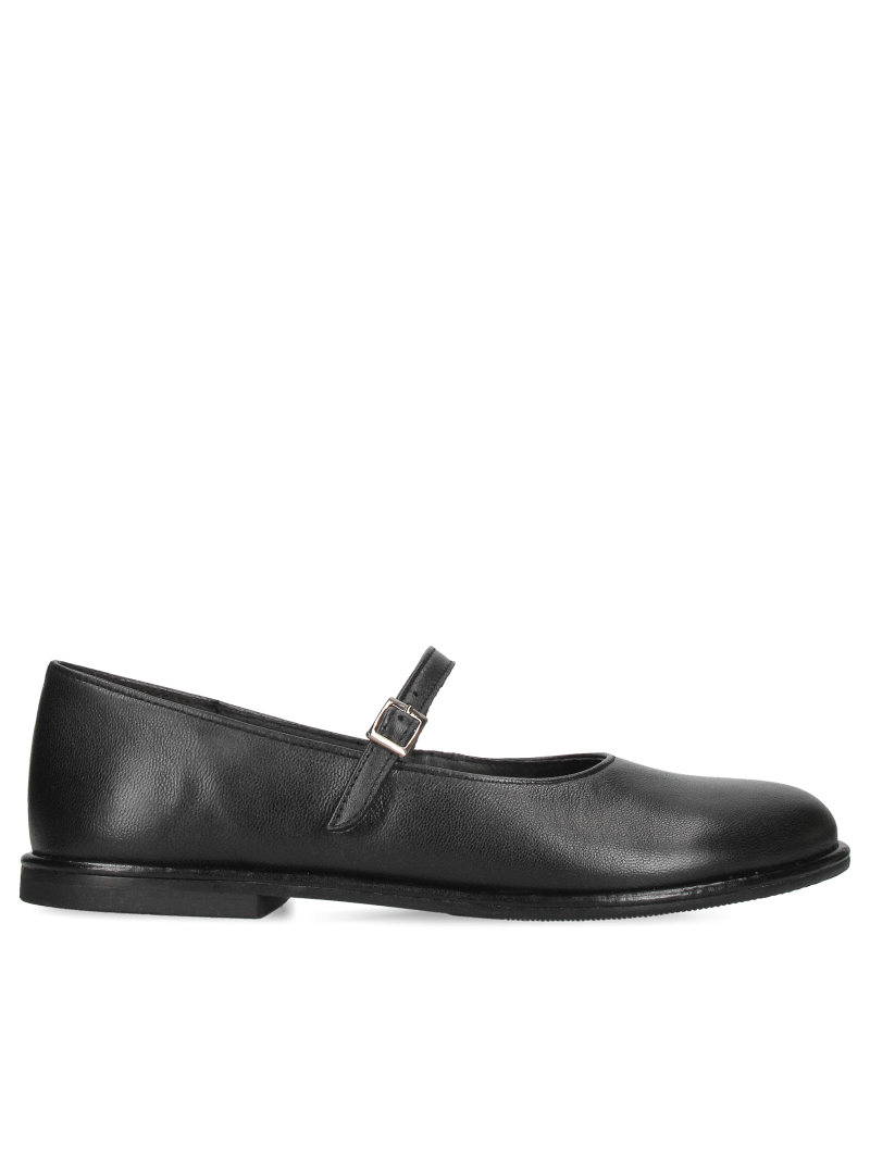 Black women's ballet flats with an instep strap, made of very soft leather