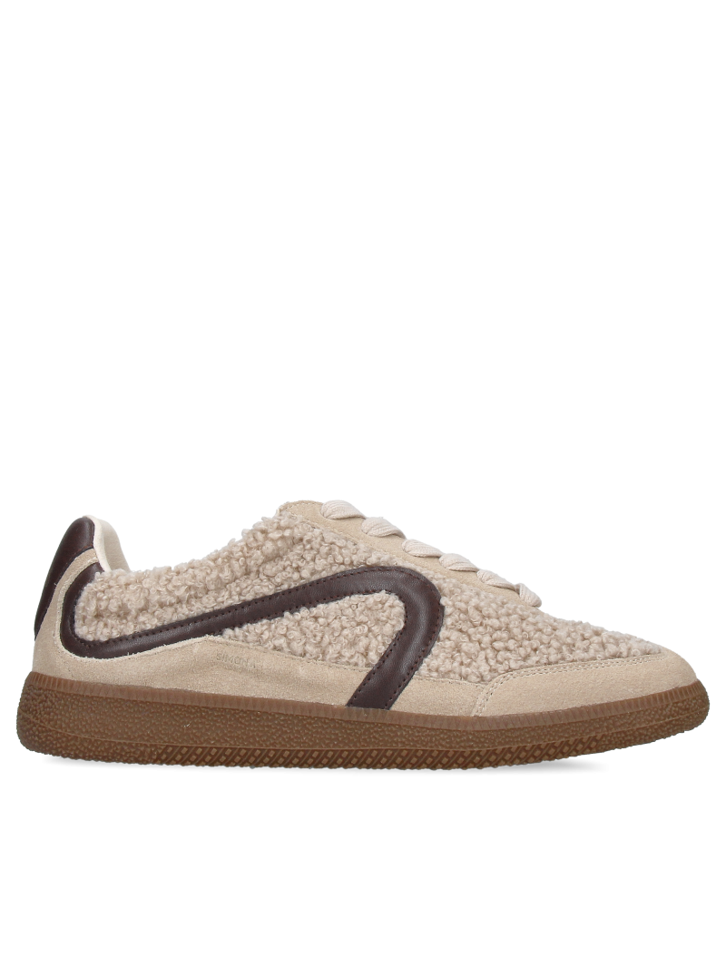 Beige women's sneakers made of soft, thick fabric; comfortable women's low-top shoes