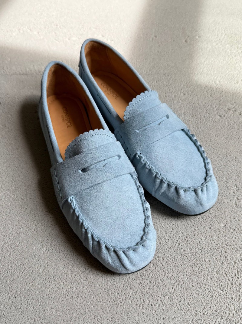 Blue women's moccasins, soft suede leather, lightweight and comfortable
