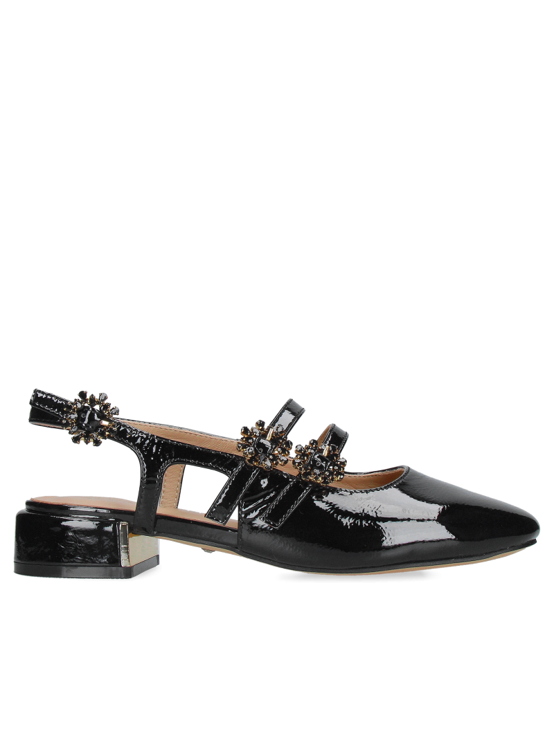 Black patent leather women's open-back shoes, elegant low-heeled patent leather shoes