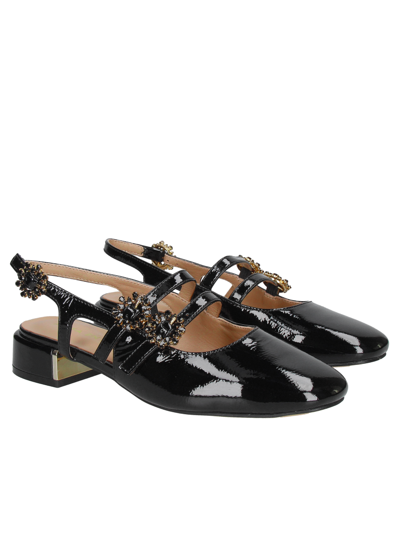 Black patent leather women's open-back shoes, elegant low-heeled patent leather shoes