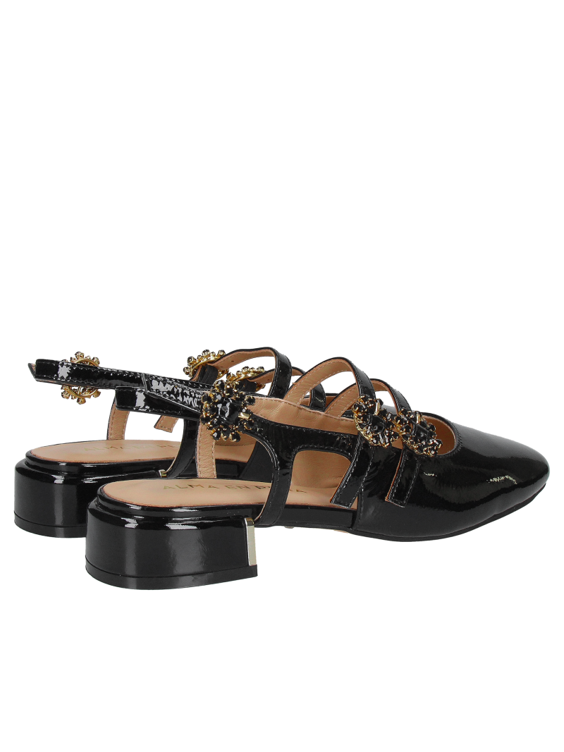 Black patent leather women's open-back shoes, elegant low-heeled patent leather shoes