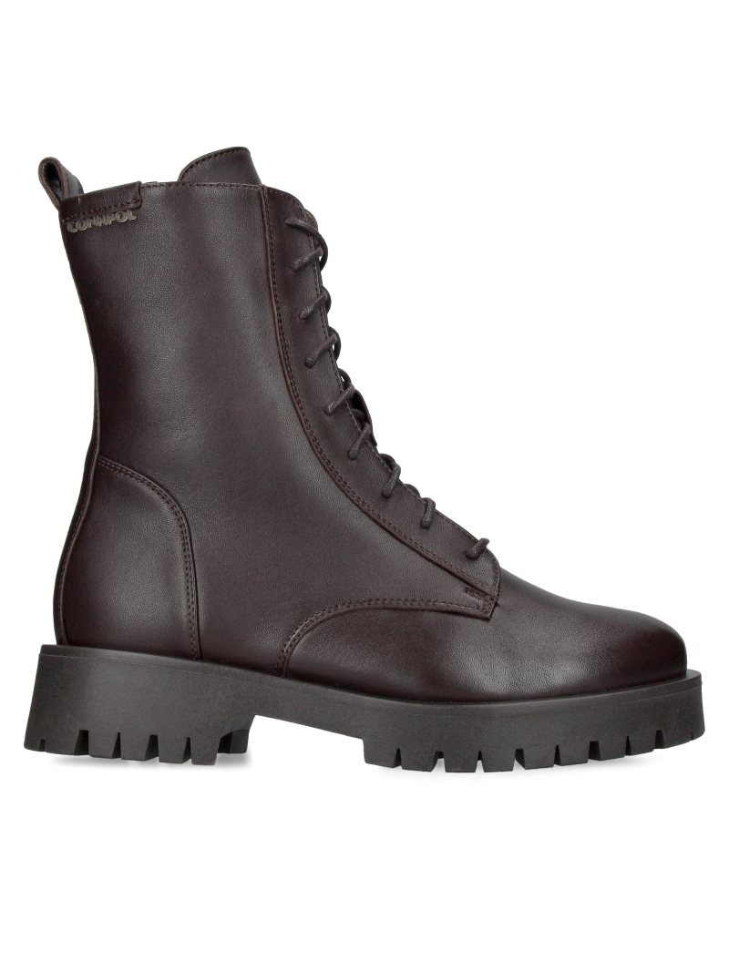 Brown lace-up women's ankle boots with natural sheepskin lining, warm brown women's boots