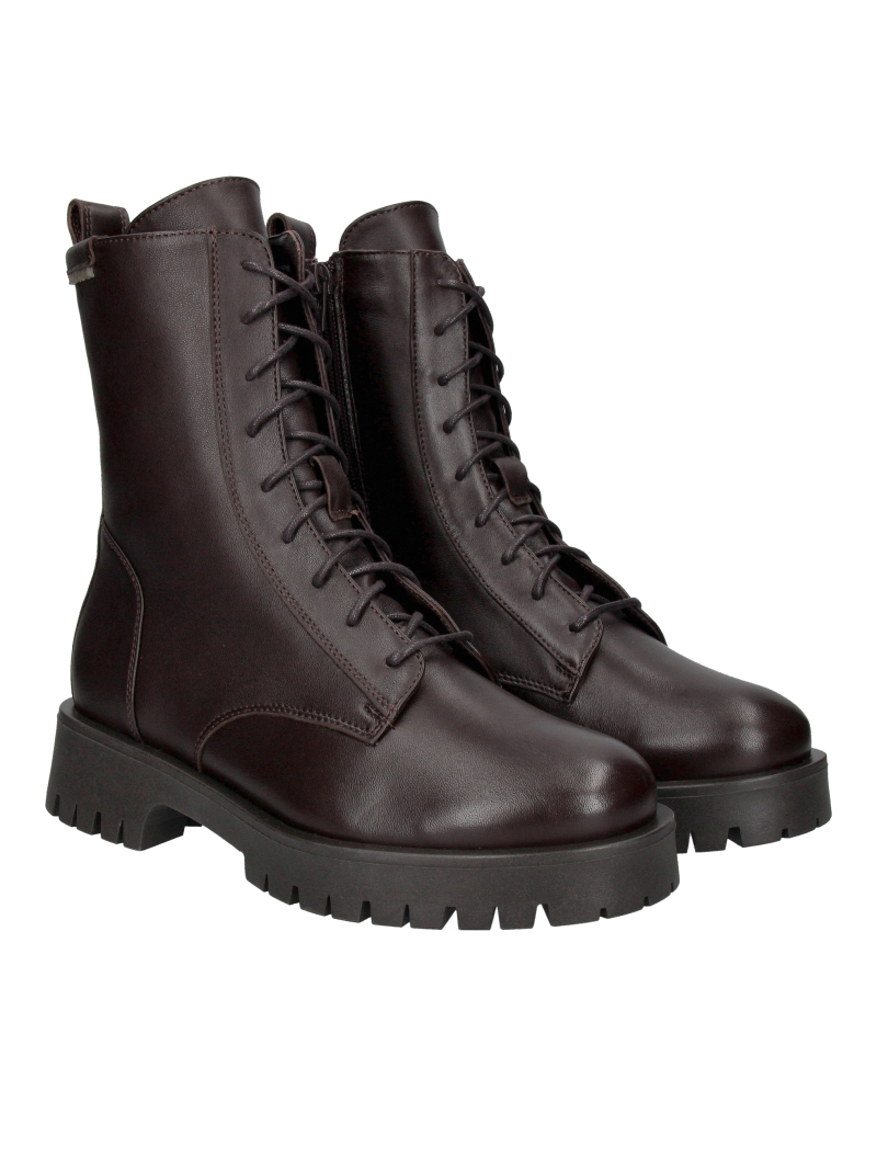 Brown lace-up women's ankle boots with natural sheepskin lining, warm brown women's boots