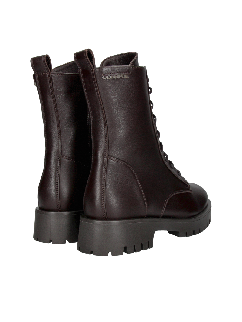 Brown lace-up women's ankle boots with natural sheepskin lining, warm brown women's boots