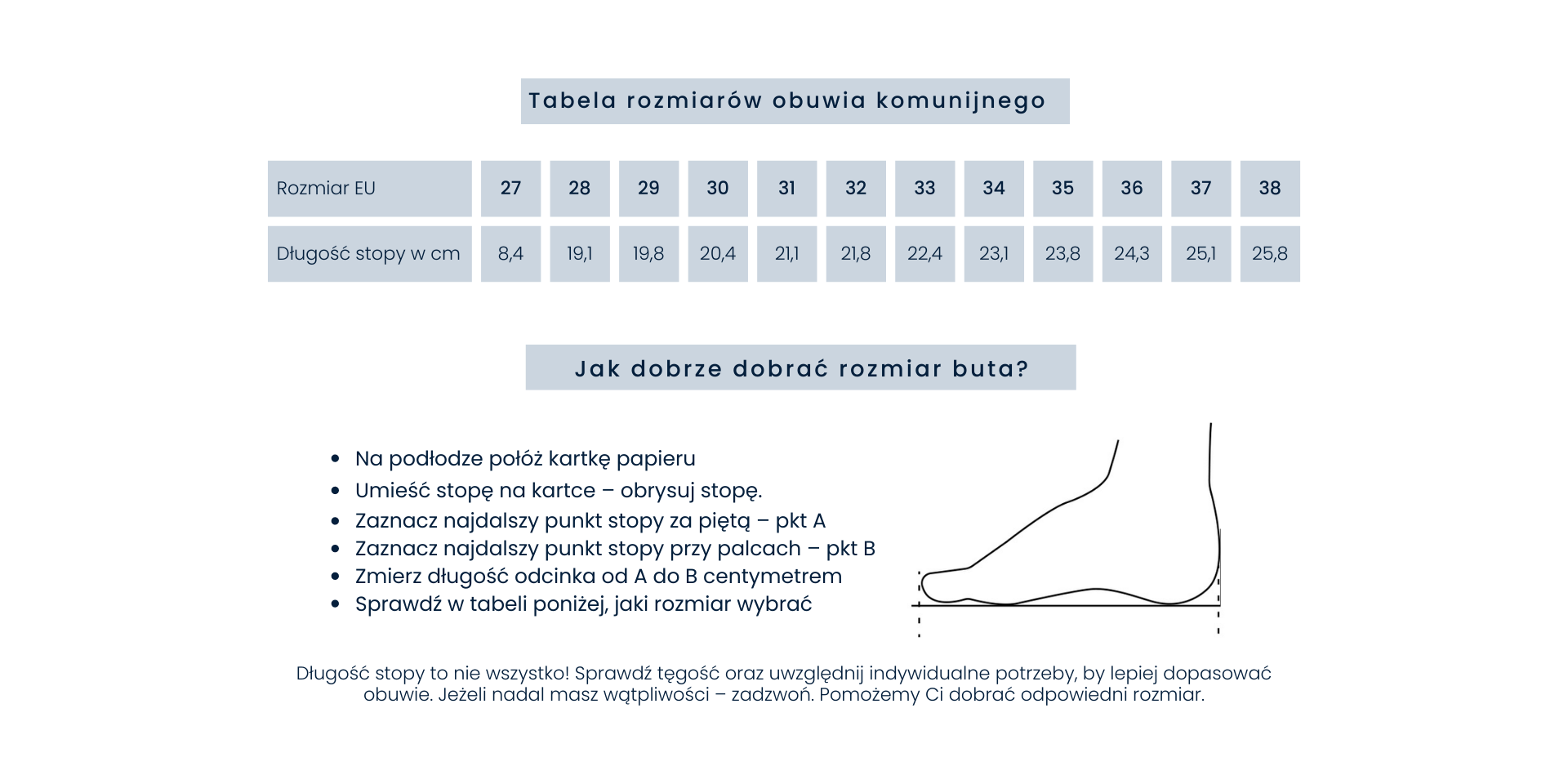 Tabela rozmiarów obuwia komunijnego