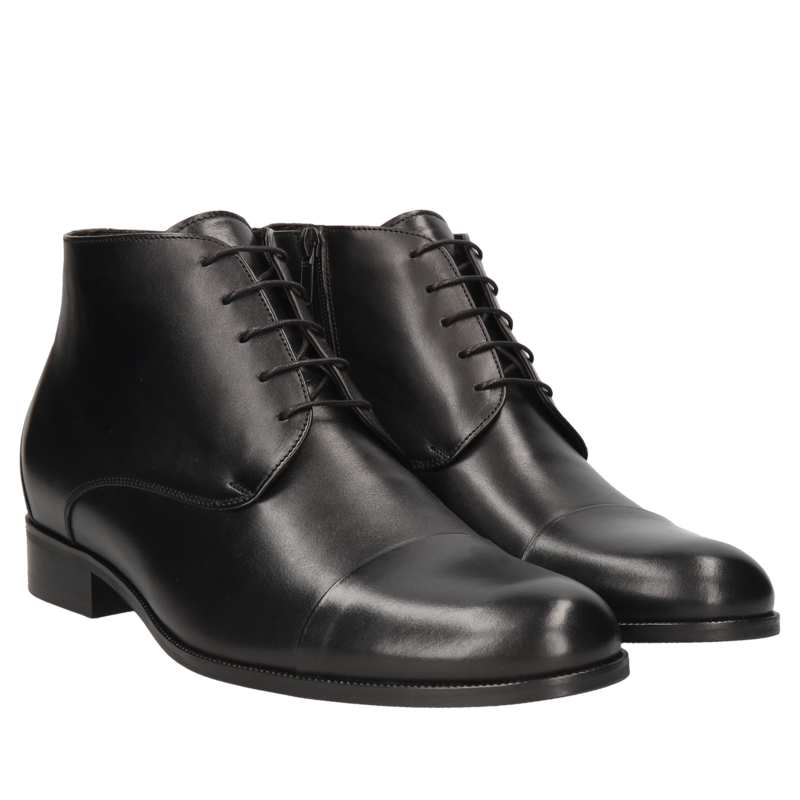 Buty podwyższane na zimę ocieplane, trzewiki podwyższające czarne ze skóry, polski producent obuwia skórzanego