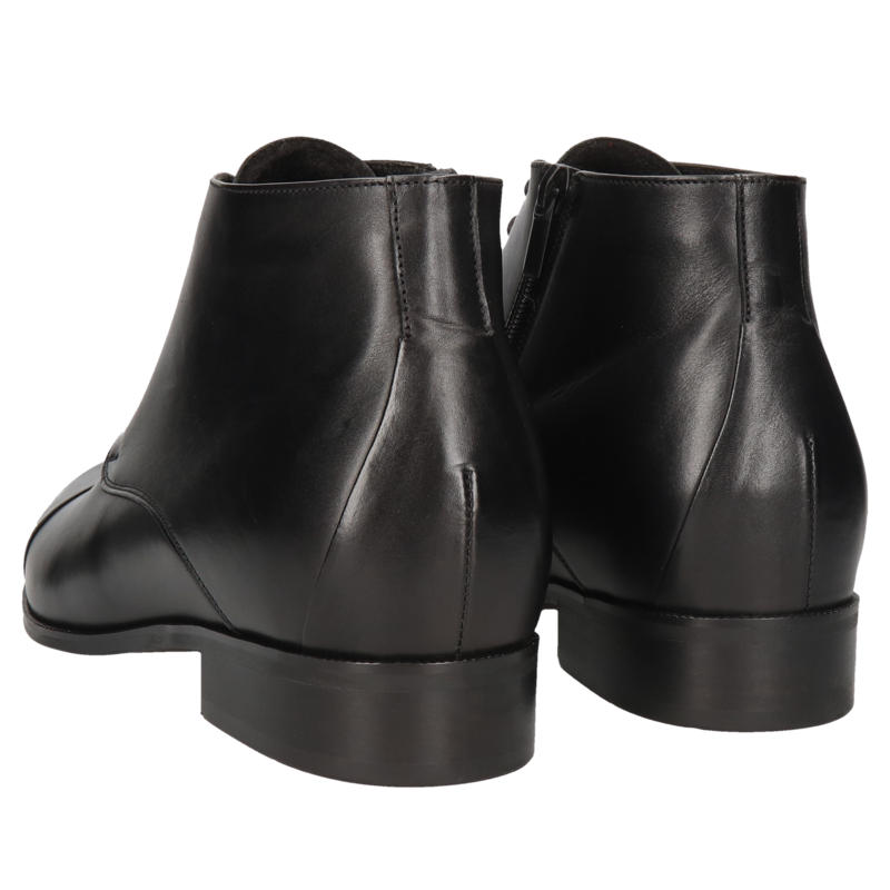 Buty podwyższane na zimę ocieplane, trzewiki podwyższające czarne ze skóry, polski producent obuwia skórzanego