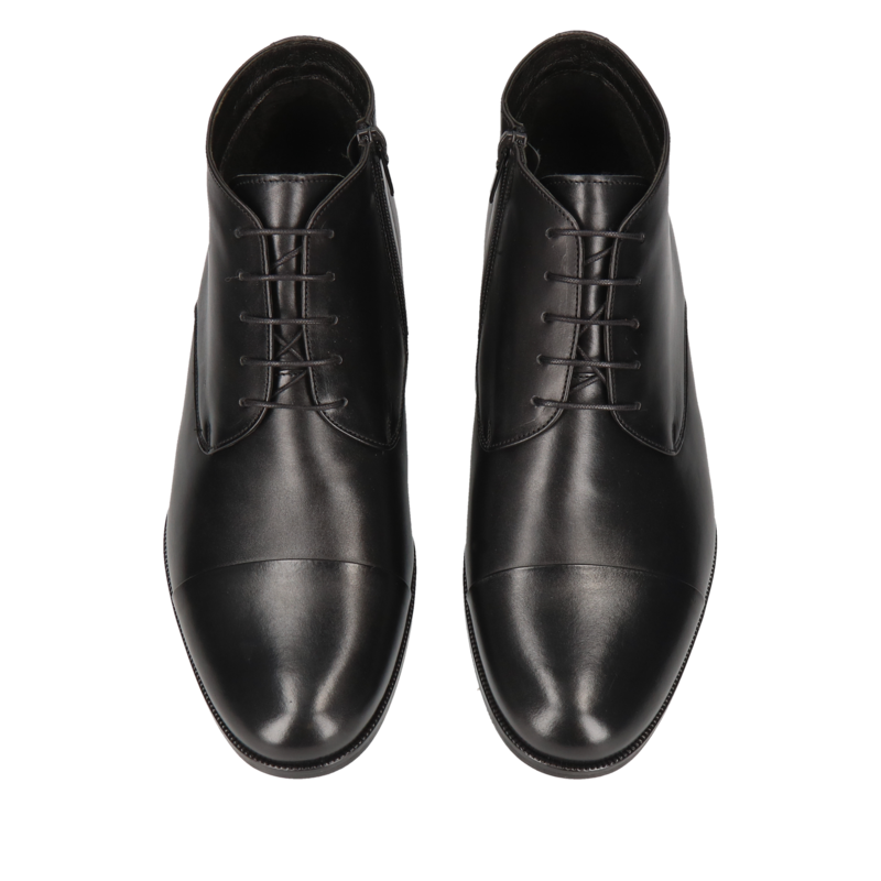 Buty podwyższane na zimę ocieplane, trzewiki podwyższające czarne ze skóry, polski producent obuwia skórzanego